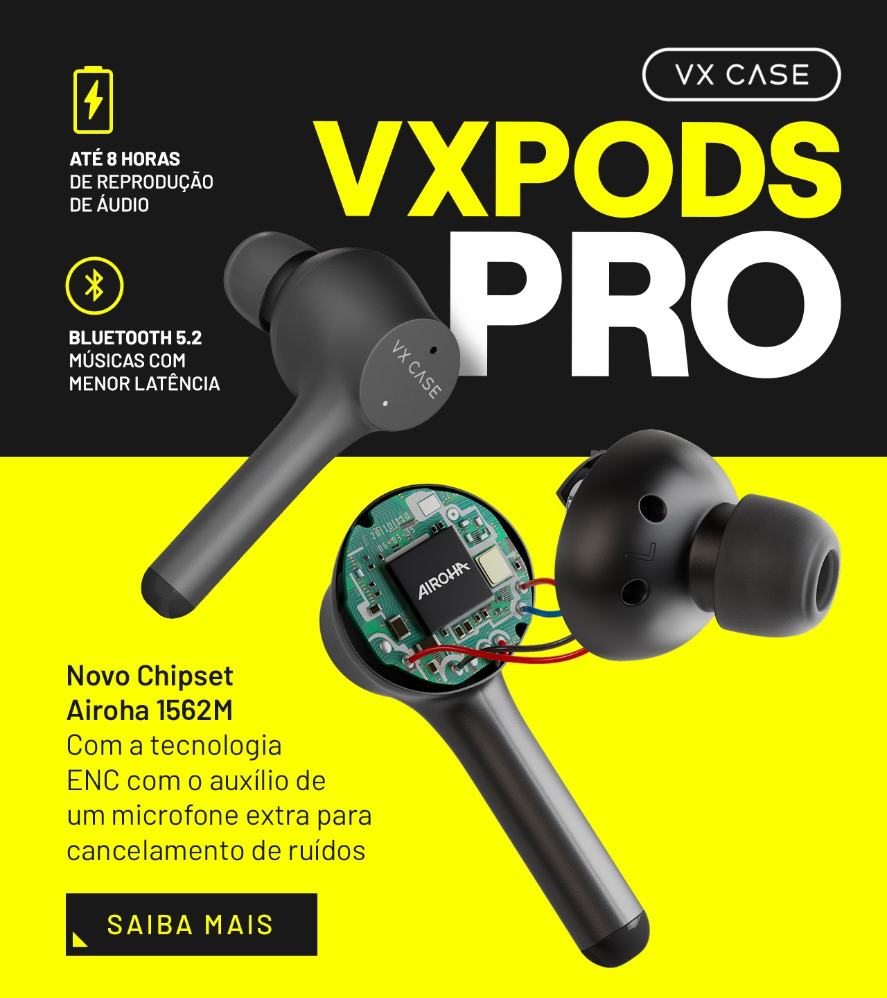 VX Pods Pro - Fones de ouvido com bluetooth 5.2, cancelamento de ruído, tecnologia TWS. Musicas e jogos com baixa latência - VX Case